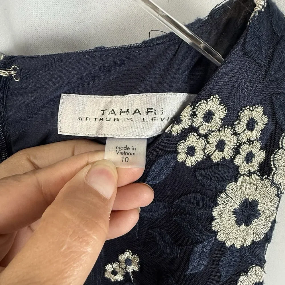 Tahari ASL Embroidered Midi Fit & Flare Dress Navy & Tan Lace Overlay Sz 10 New - Picture 7 of 9